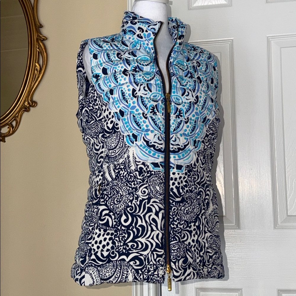 Lilly Pulitzer Noella Puffer Vest High Tide Navy Purrfect Set Quilted 80% Down L - Picture 6 of 11